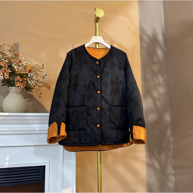 [洛寒]Q135秋季新中式宽松双面穿丝缎棉外套女国风复古女装