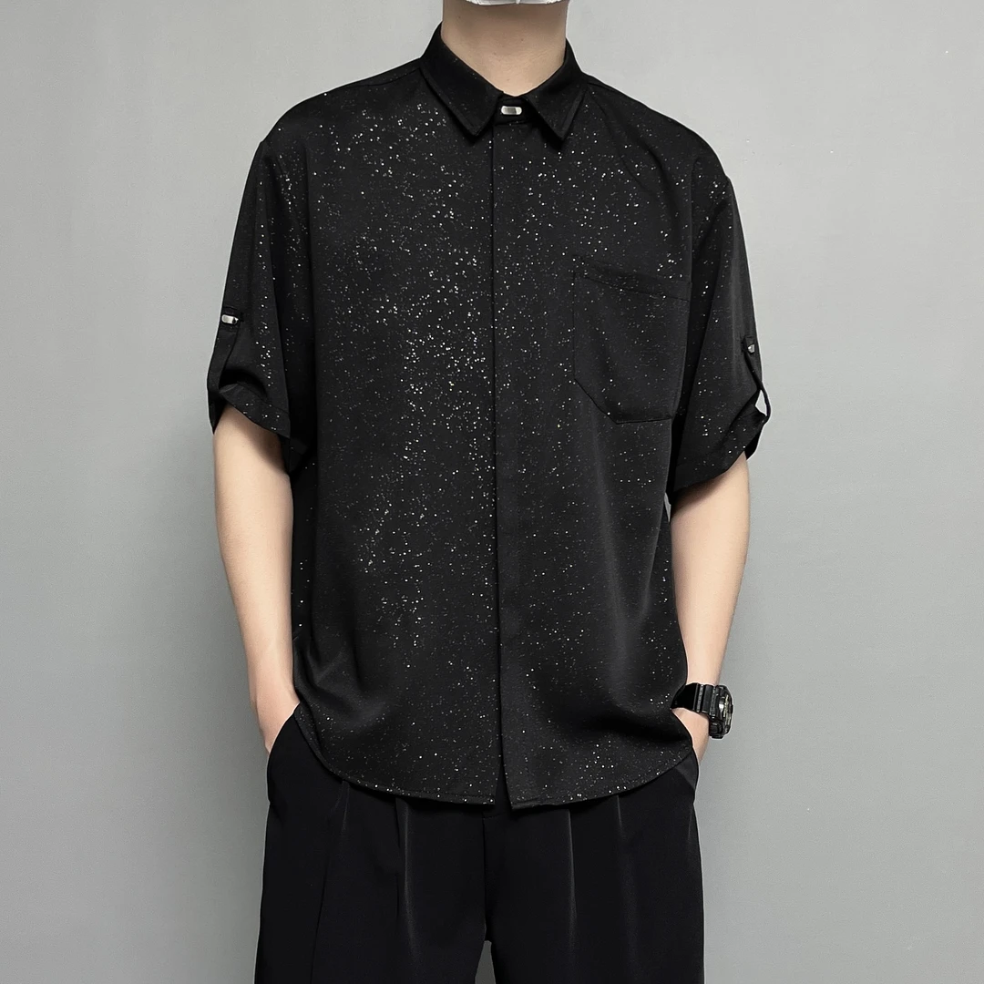 潮男前线夏季垂感抗皱满天星亮片冰丝衬衫衬衣时尚休闲潮流痞帅