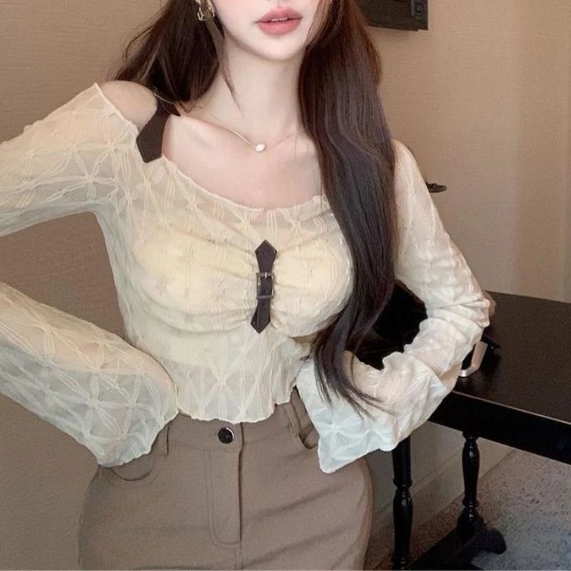 2025夏季辣妹一字肩薄款长袖女别致短款辣妹褶皱防晒衫上衣女装