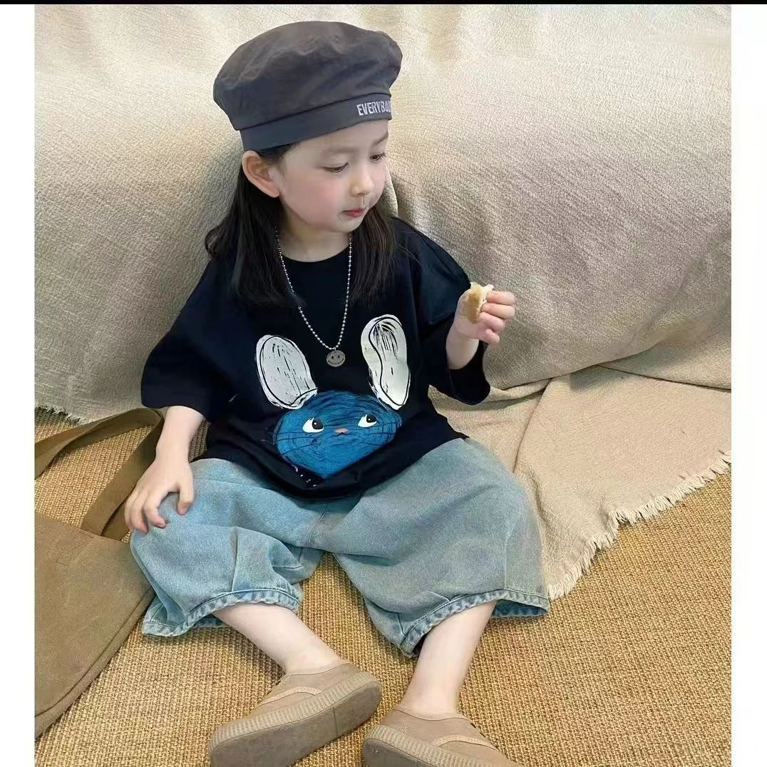 儿童套装夏季韩版套头T恤男女童薄款软牛仔休闲洋气七分裤两件套