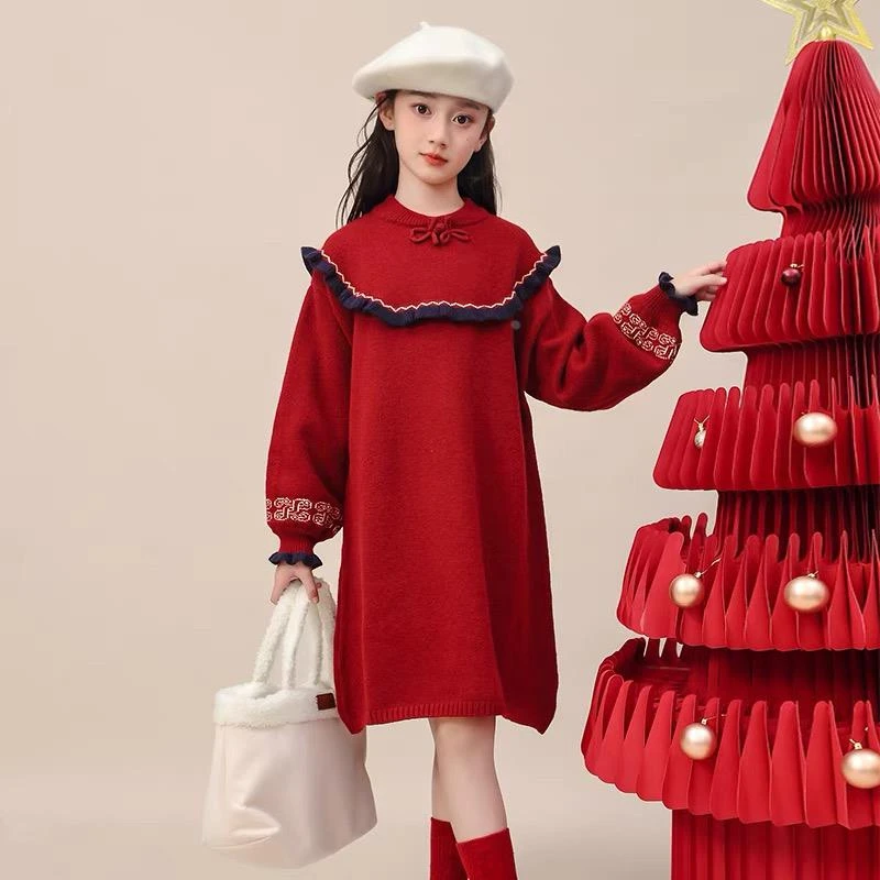 【商场撤柜】女童国风连衣裙秋冬2024新款裙子儿童红色中式冬季云