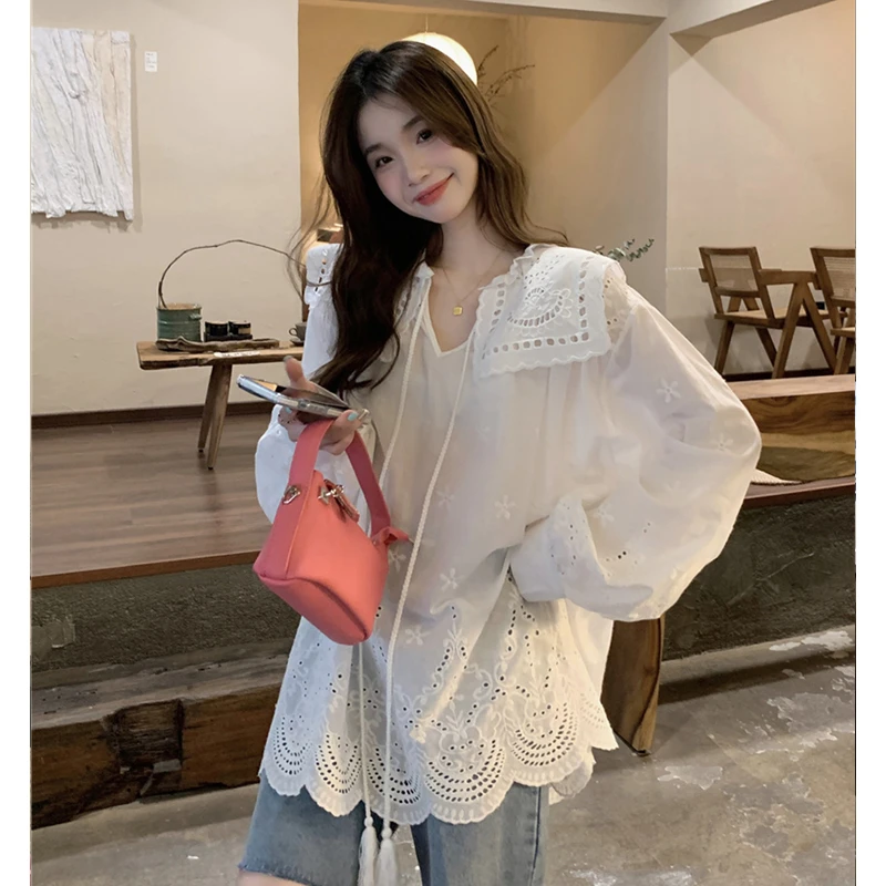 度假风白色镂空刺绣流苏娃娃领衬衫慵懒长袖防晒衫上衣