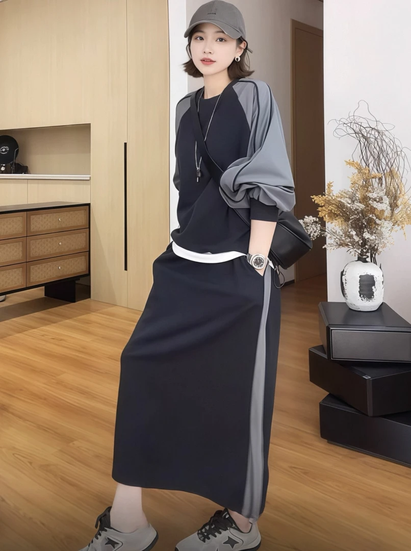 2025新款【桃喜】撞色卫衣半身裙休闲两件套019
