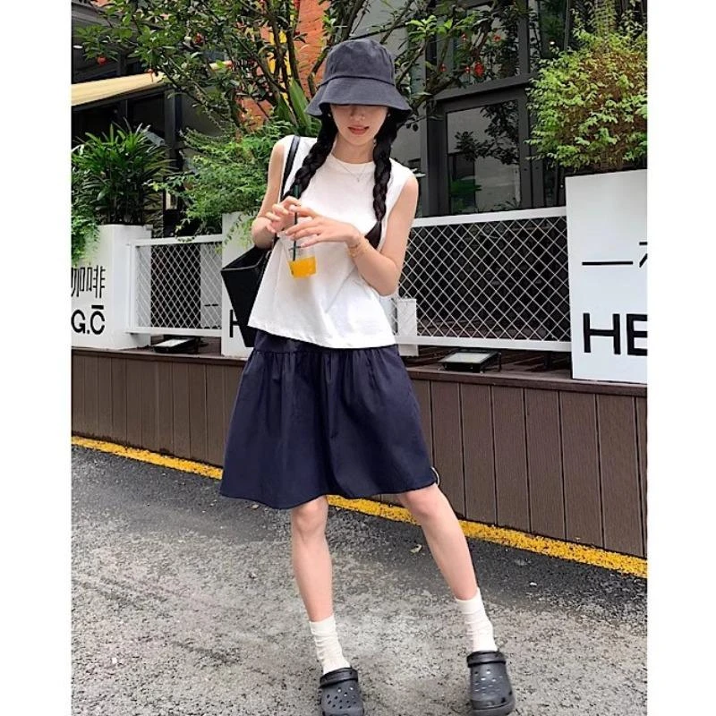 日系学院风藏青色半身裙女夏季松紧高腰防走光a字中裙小个子伞裙