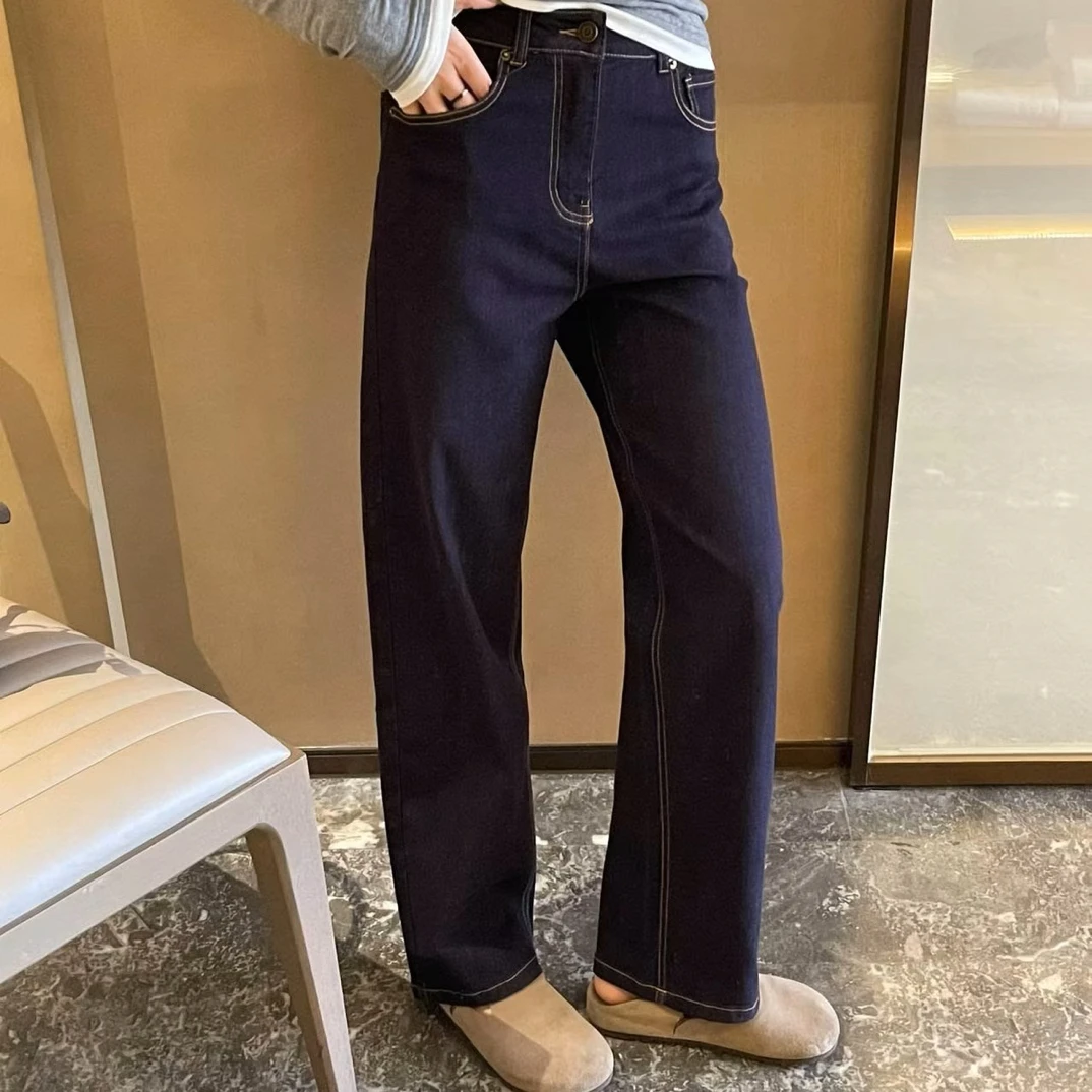 小禾25秋冬季新款超弹斜纹直筒裤女丹宁蓝高腰窄版牛仔裤