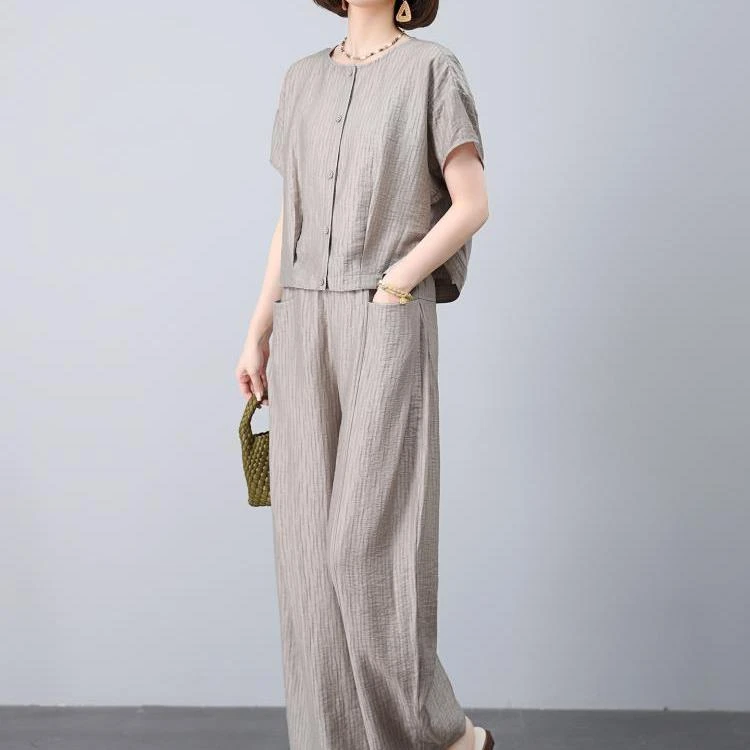 2025夏季新款女士时尚一整套亚麻休闲短袖上衣宽松阔腿裤两件套潮