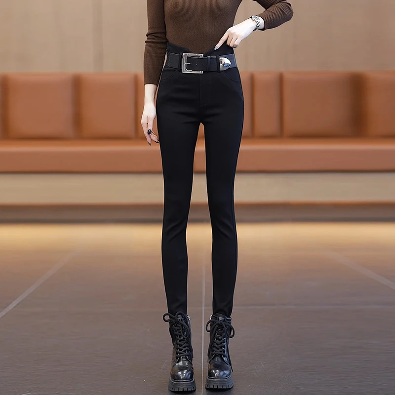 拉夏贝尔时尚简约休闲裤女秋冬季2025新款高腰修身显瘦弹力小脚裤