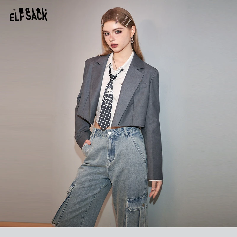 9008【金拐子】妖精的口袋短款灰色西装外套女2024秋季新款休闲小