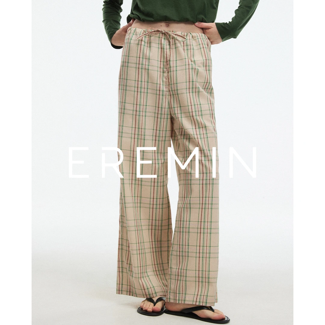 DE Mincollection彩色格纹裤/row系休闲抽绳系带格纹阔腿裤55582