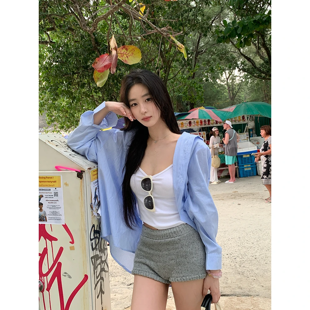 孙恩盛【悸动心事 】韩系设计感蓝色条纹印花衬衫男女宽松上衣