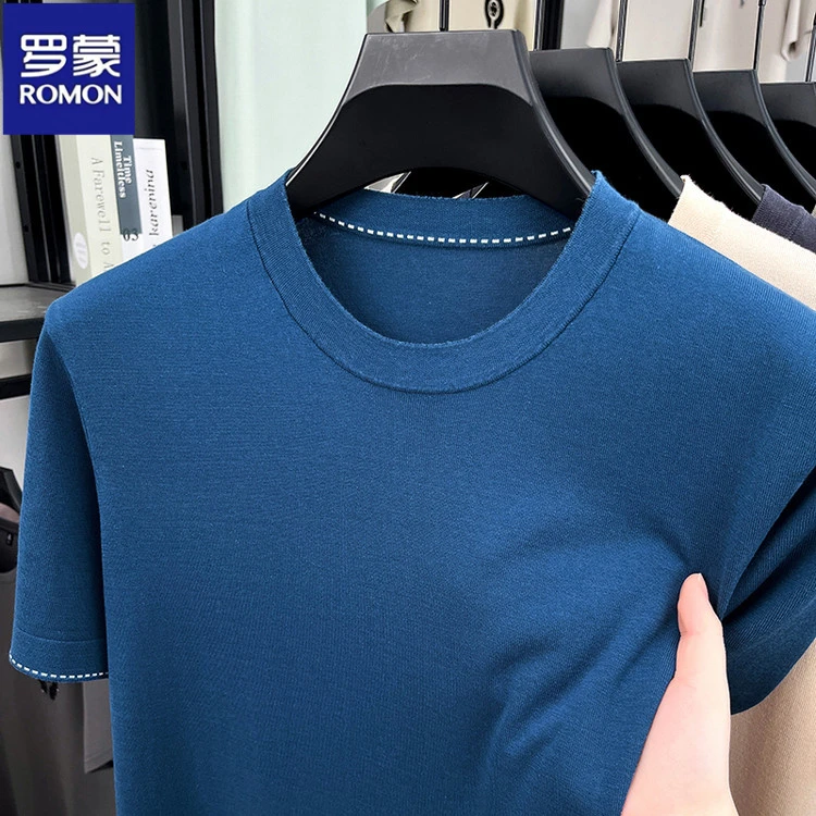 罗蒙圆领纯色T恤衫夏季薄款t恤透气速干中青年半袖体恤男士上衣