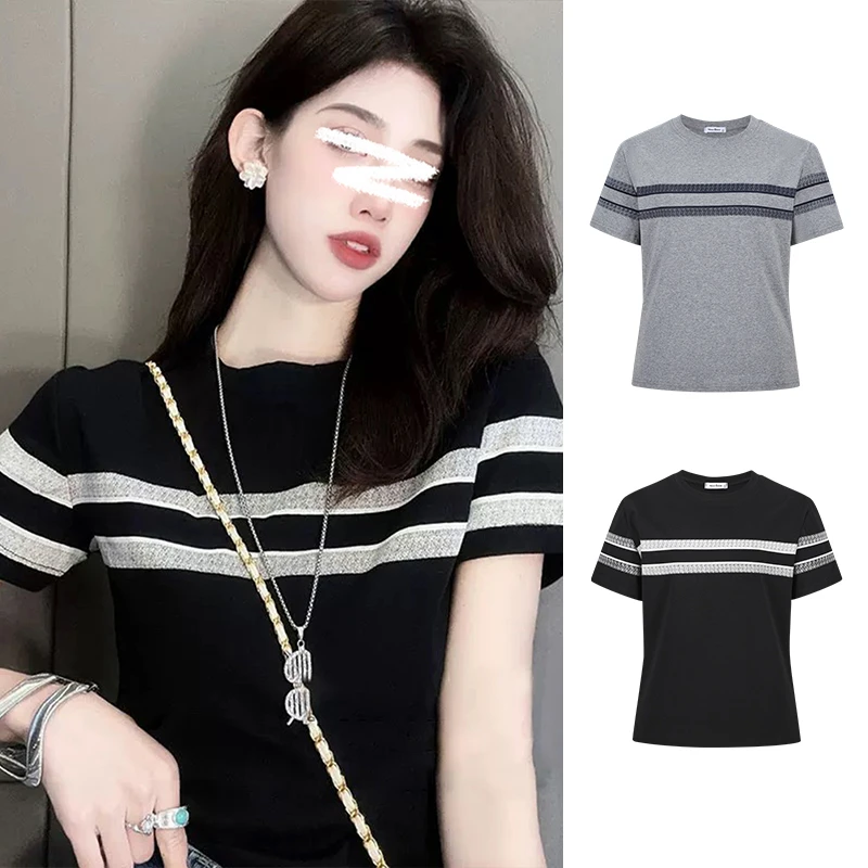 Moses Queen/魔西女王夏季设计感双杠条纹时尚修身显瘦短袖上衣女