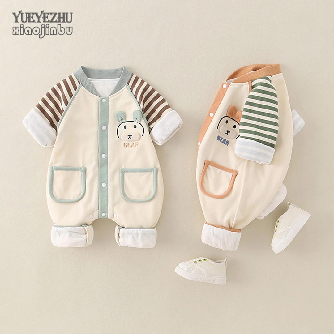 卡通婴儿衣服秋季长袖双层宝宝连体衣秋装可爱新生儿哈衣外出一岁