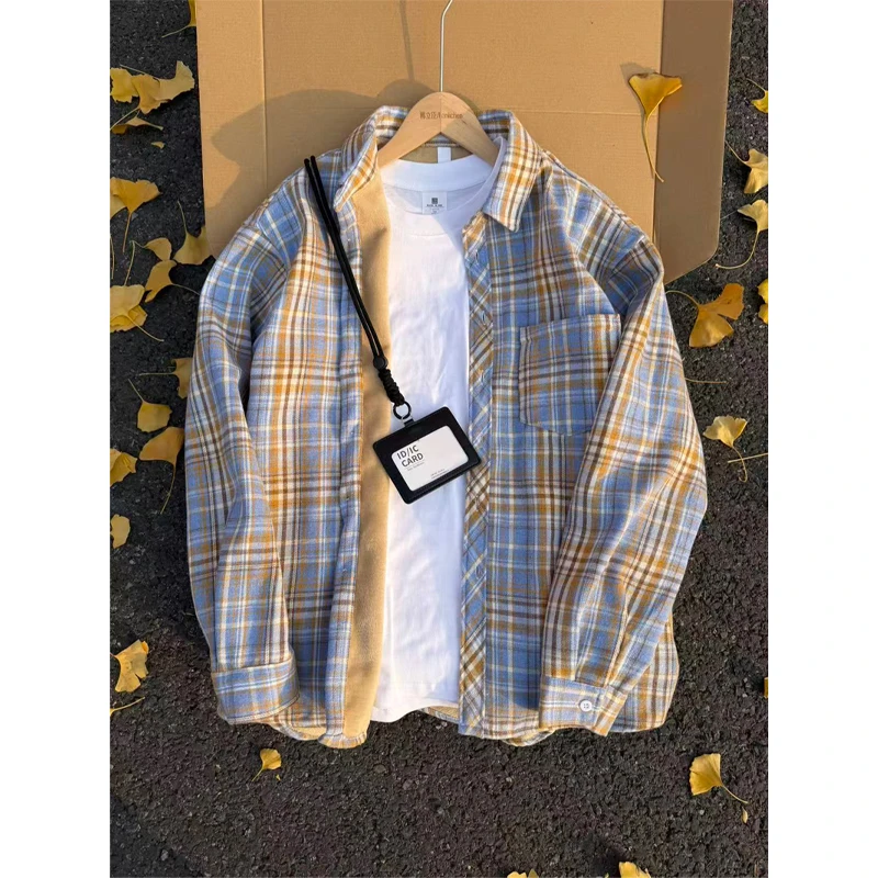 vintage黄蓝格子长袖衬衫男女冬季加绒加厚外套美式复古叠穿上衣