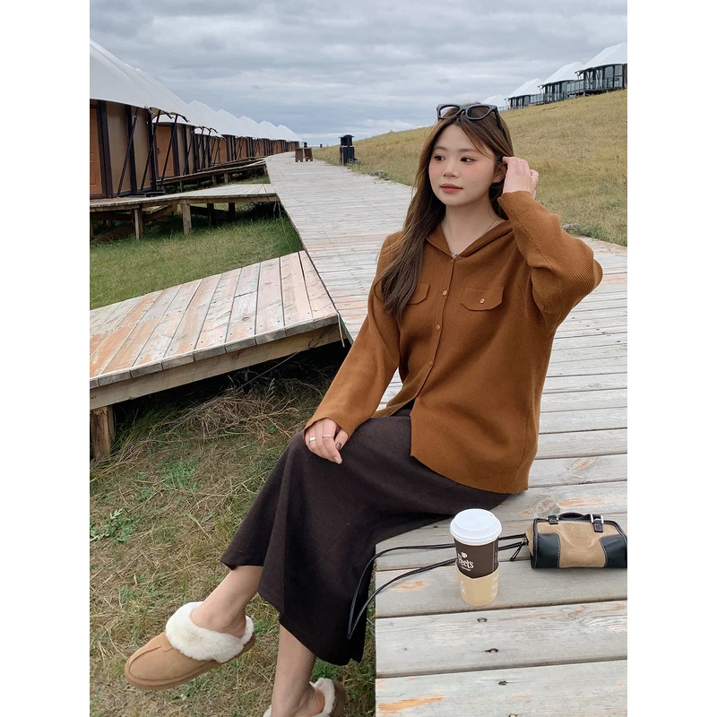 【ALINDM年终大清仓】胖mm连帽开衫外套200斤薄羊毛针织衫女L80022