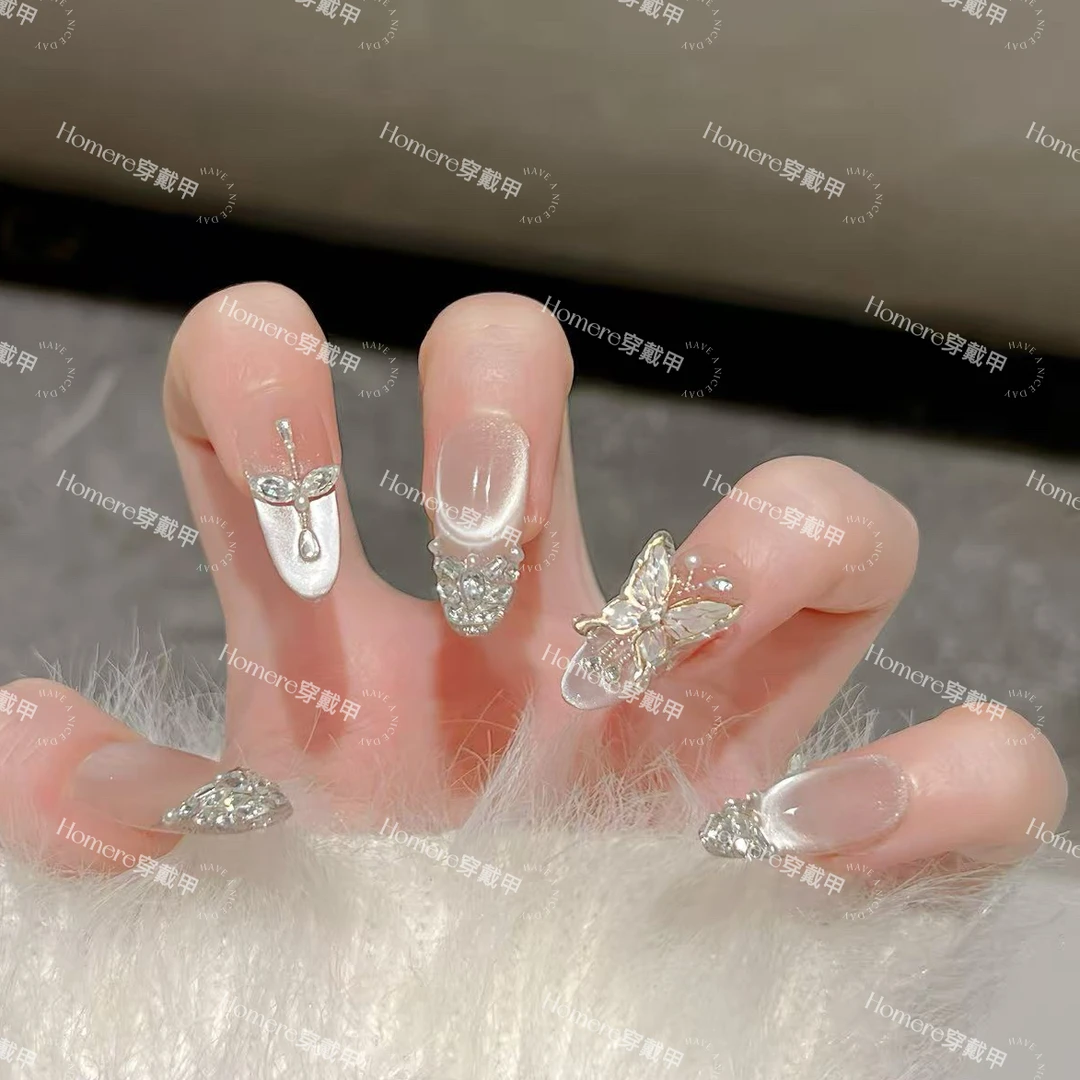 【蝴蝶梦境】手工满钻猫眼可拆卸穿戴甲片气质纯欲高级感美甲贴片