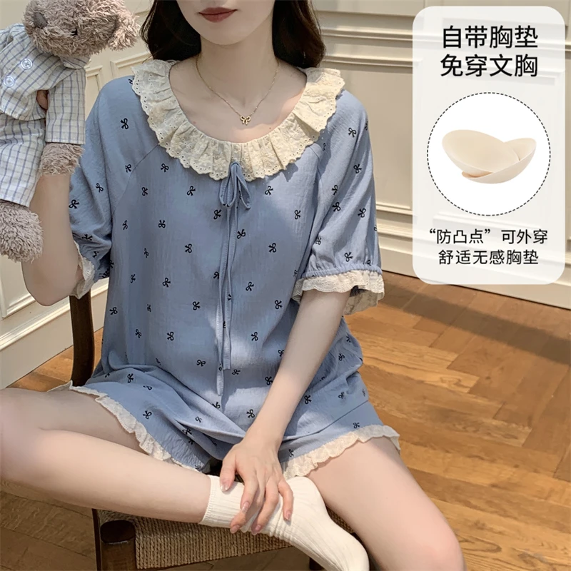 带胸垫夏季睡衣女短袖甜美宽松蝴蝶云朵棉学生家居服娃娃领可外穿