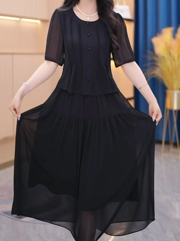 M545 夏季气质连衣裙女显瘦超仙遮肉修身假两件连衣裙