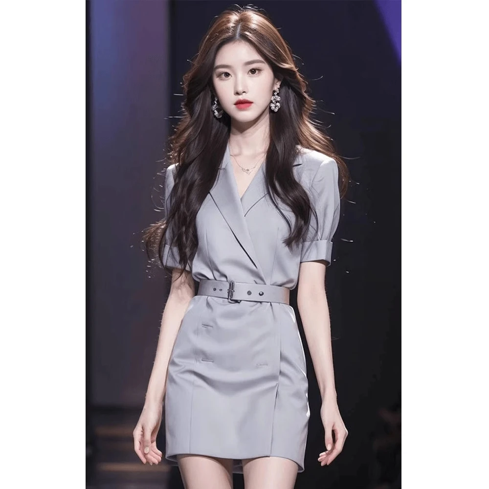 法式御姐正式场合好看灰色西装v领高冷御姐气质网红洋气炸街女装