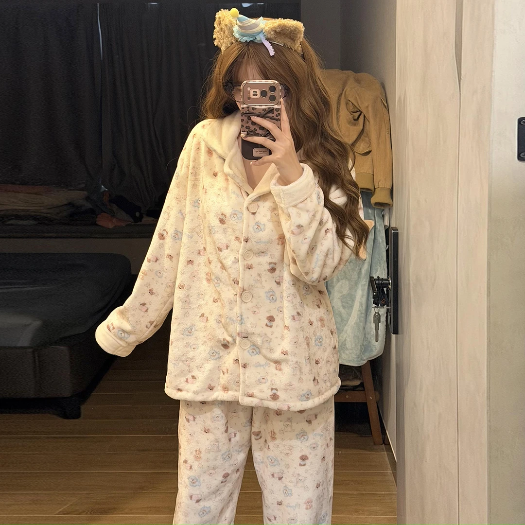 睡衣女秋冬季珊瑚绒大码加厚2025新款法兰绒小狗套装可外穿家居服