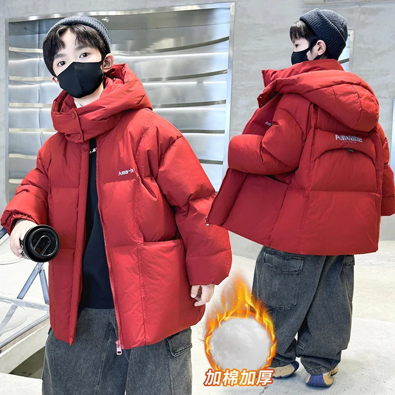 儿童冬装棉衣连帽大口袋2025新款男童红棉服冬季中大童加厚棉外套