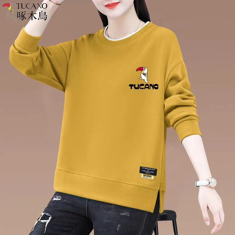 啄木鸟纯棉卫衣女新款宽松圆领修身显瘦长袖秋冬休闲打底衫上衣
