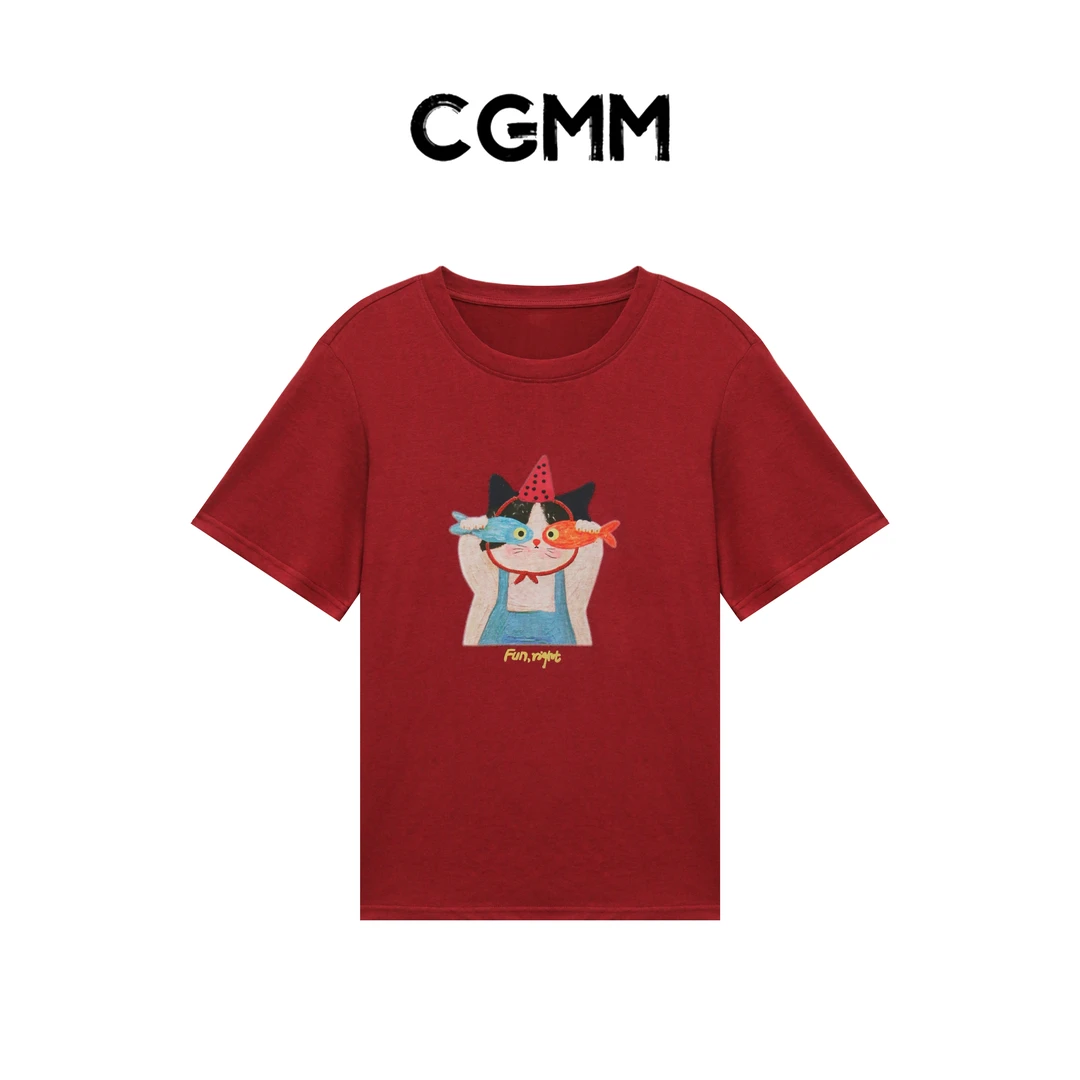 CGMM/橱柜密码新款时尚趣味小猫印花圆领百搭通勤短袖DSOMB5061