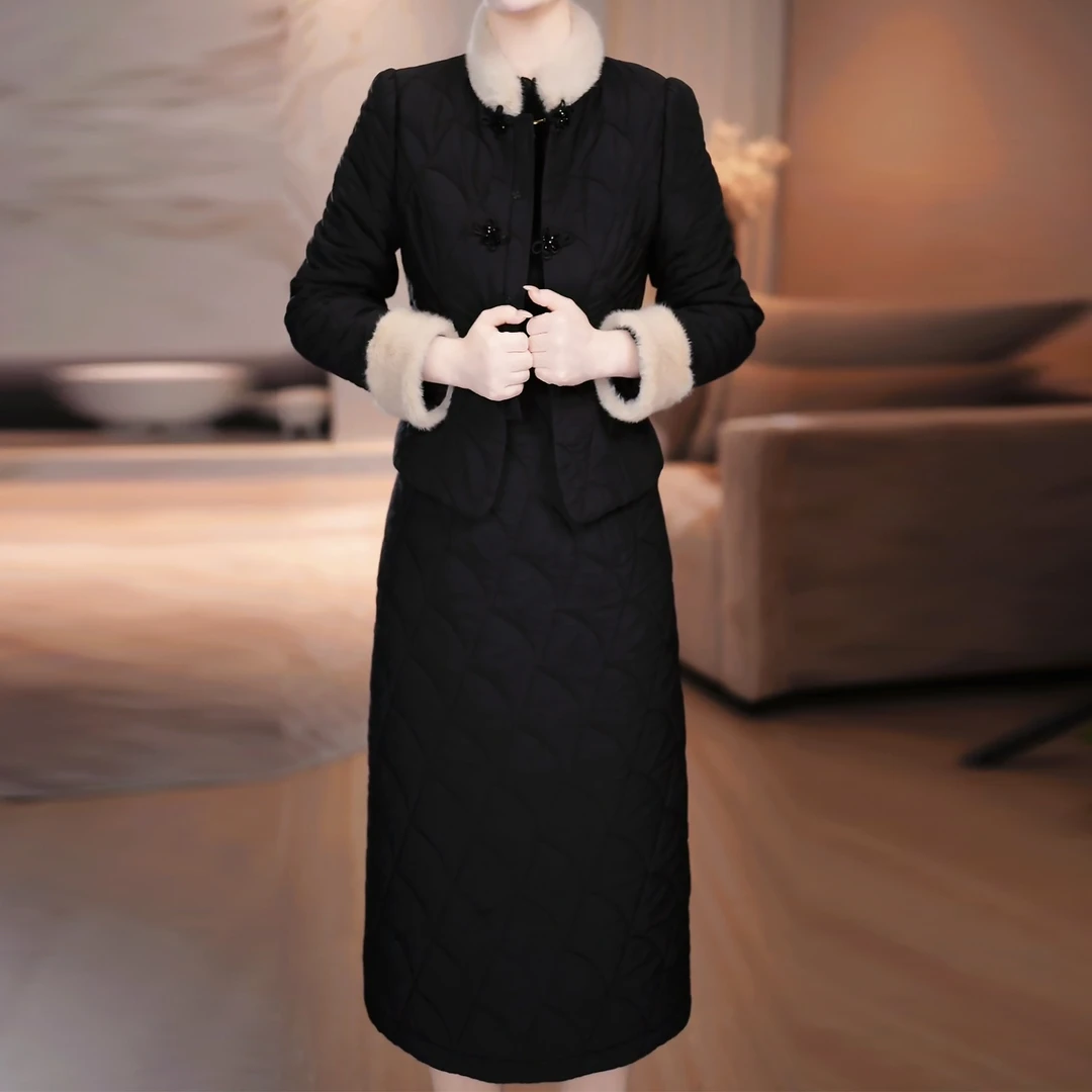 【棉服外套+连衣裙】加棉加厚两件套宽松型秋冬季短款棉衣保暖冬装