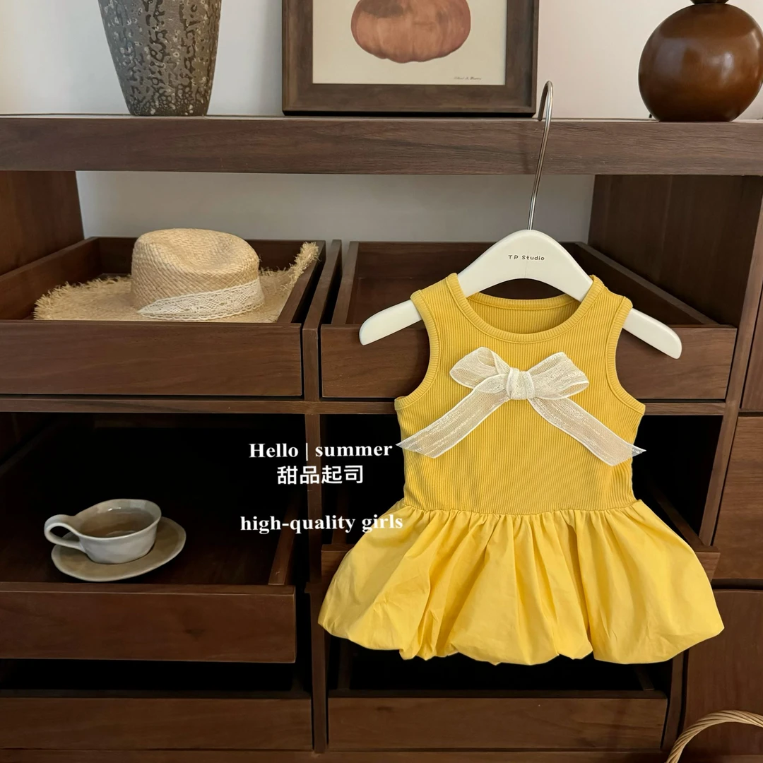 【甜品起司】芭蕾女孩！女童鹅黄色冰感螺纹蓬蓬背心裙甜美花苞裙