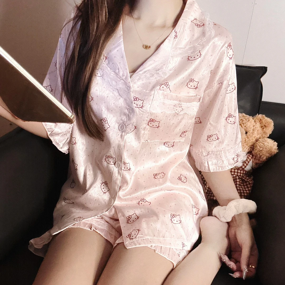 【花边kitty猫】可爱蕾丝睡衣女夏季冰丝短袖短裤居家服套装可外穿