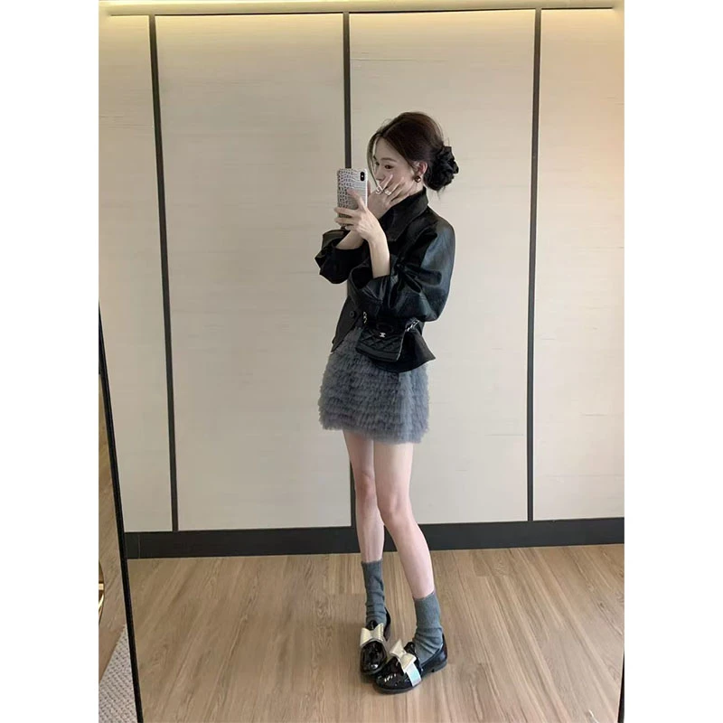 2025秋冬韩系高级感黑色长袖休闲百搭皮衣外套高腰修身半身裙套装