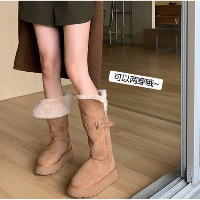 冬新款两穿中高筒雪地靴女皮毛一体休闲加绒保暖厚底加厚长靴保暖
