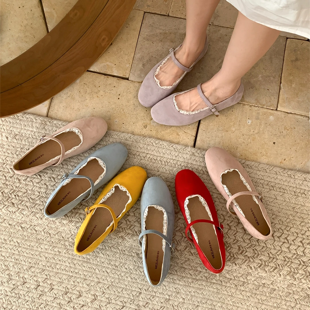 欢梨"雾紫芭蕾"法式软底蕾丝浅口玛丽珍鞋女春秋季一字带芭蕾单鞋