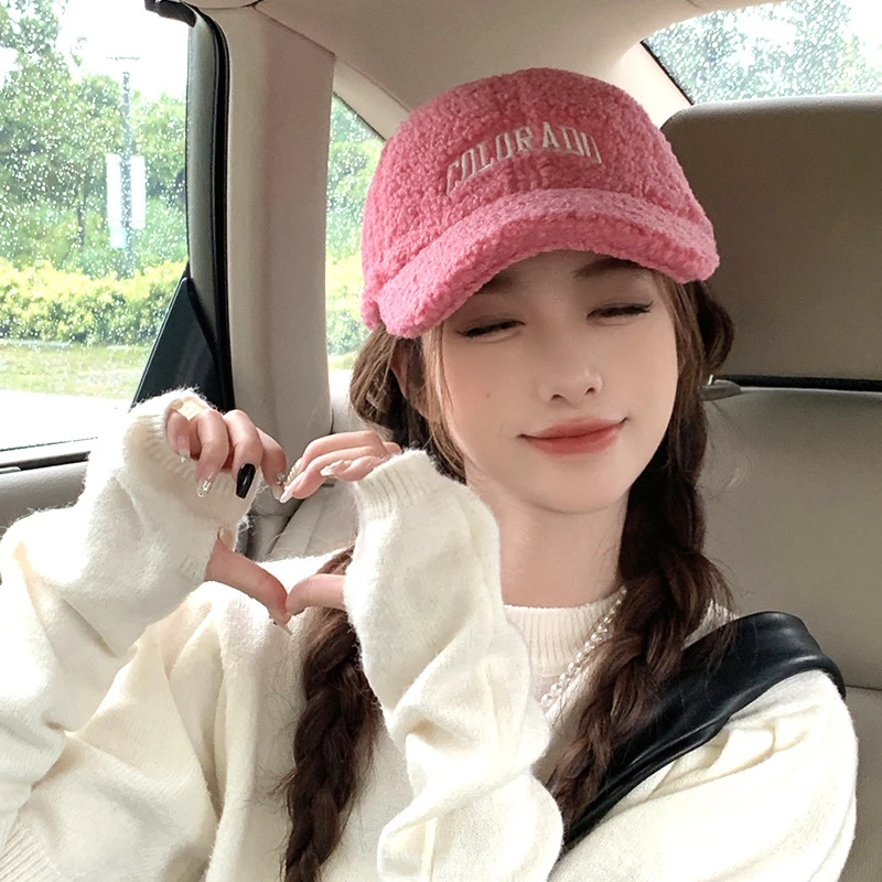 新款粉色可爱羊羔绒棒球帽子女秋冬季韩系保暖百搭字母刺绣鸭舌帽