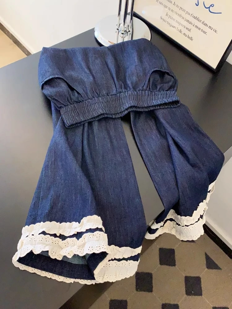 深色松紧腰蕾丝花边九分薄款软牛仔裤阔腿宽松法棍梧桐裤女