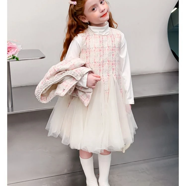 甜美小香风公主裙长袖新款A字裙气质连衣裙女背心裙套装中童套装