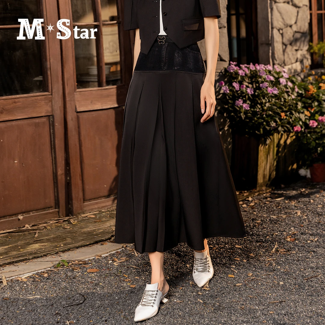 M-Star夏季新款复古气质拼接中长半身裙显瘦裙子休闲女SFEQ122826