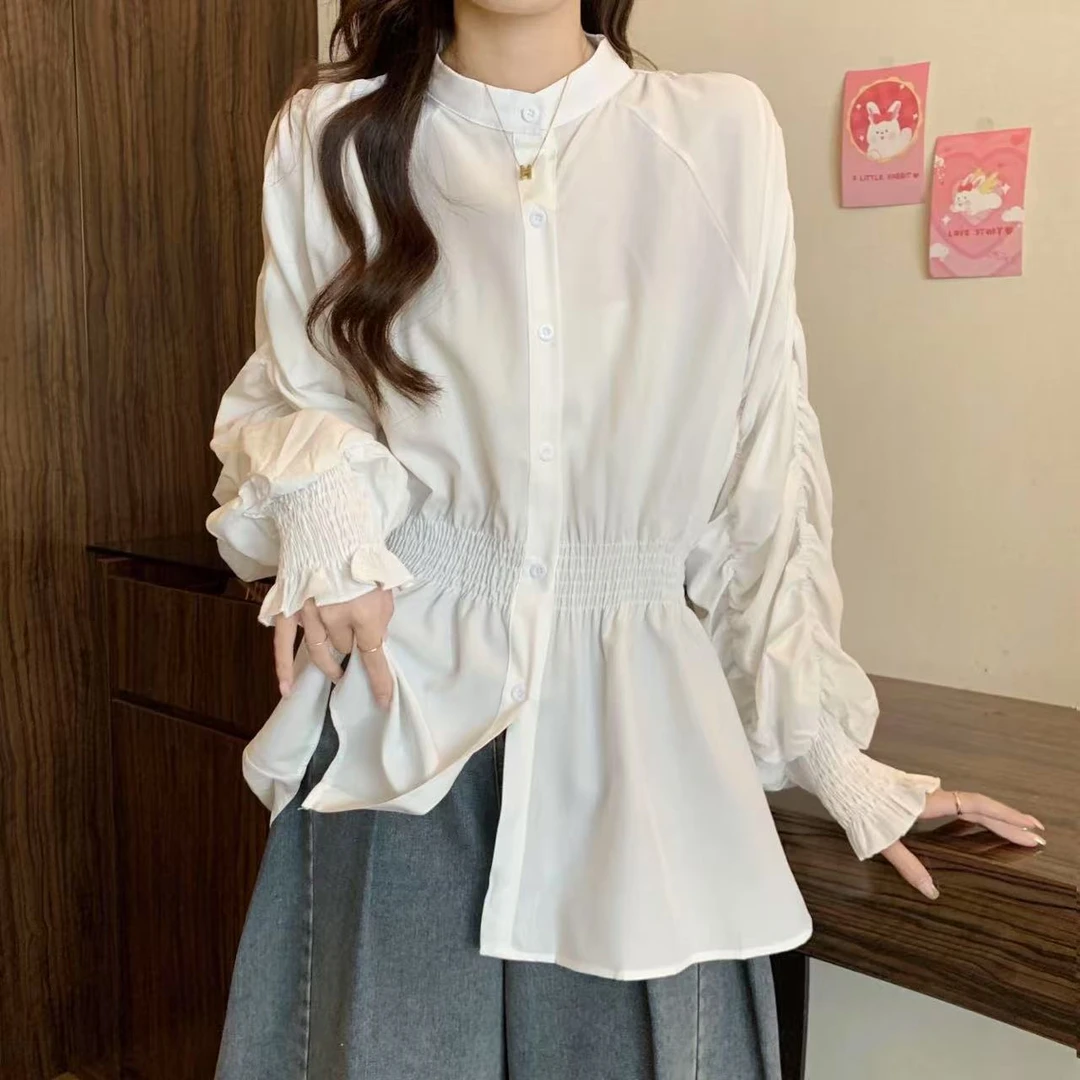 【晨浠定制】新款高级感捏褶袖圆领衬衫上衣3328