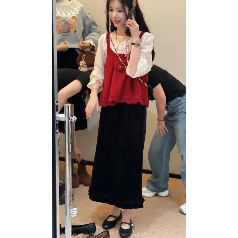 2025早秋新款女装韩系穿搭时尚叠穿马甲衬衫高腰显瘦丝绒半身裙子