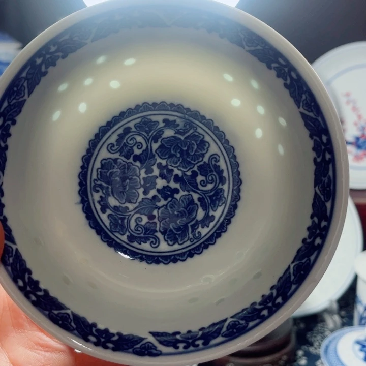 青花玲珑5寸饭碗牡丹花