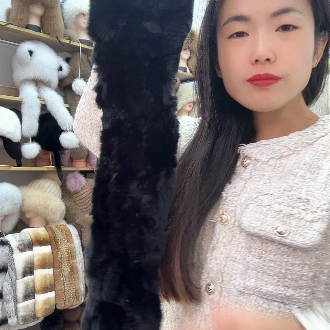 兔皮真毛黑色兔毛围巾微瑕