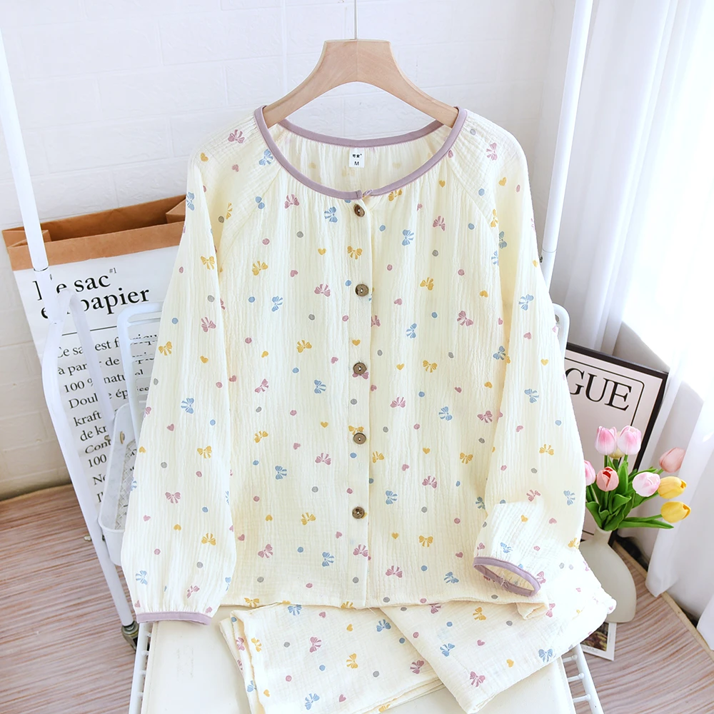 A类双层纱睡衣女款爆款纯棉2025新款春夏圆领开衫全棉家居服套装