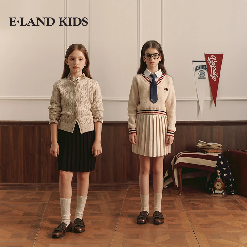 【26%绵羊毛】E·LAND KIDS衣恋童装女童针织百褶裙春秋撞色条纹短裙
