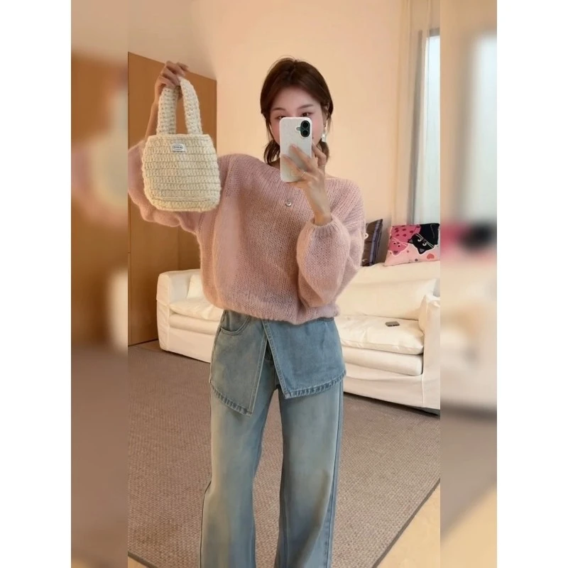 2025巨好看的早秋轻薄氛围感穿搭精致小个子粉色长袖针织衫上衣女