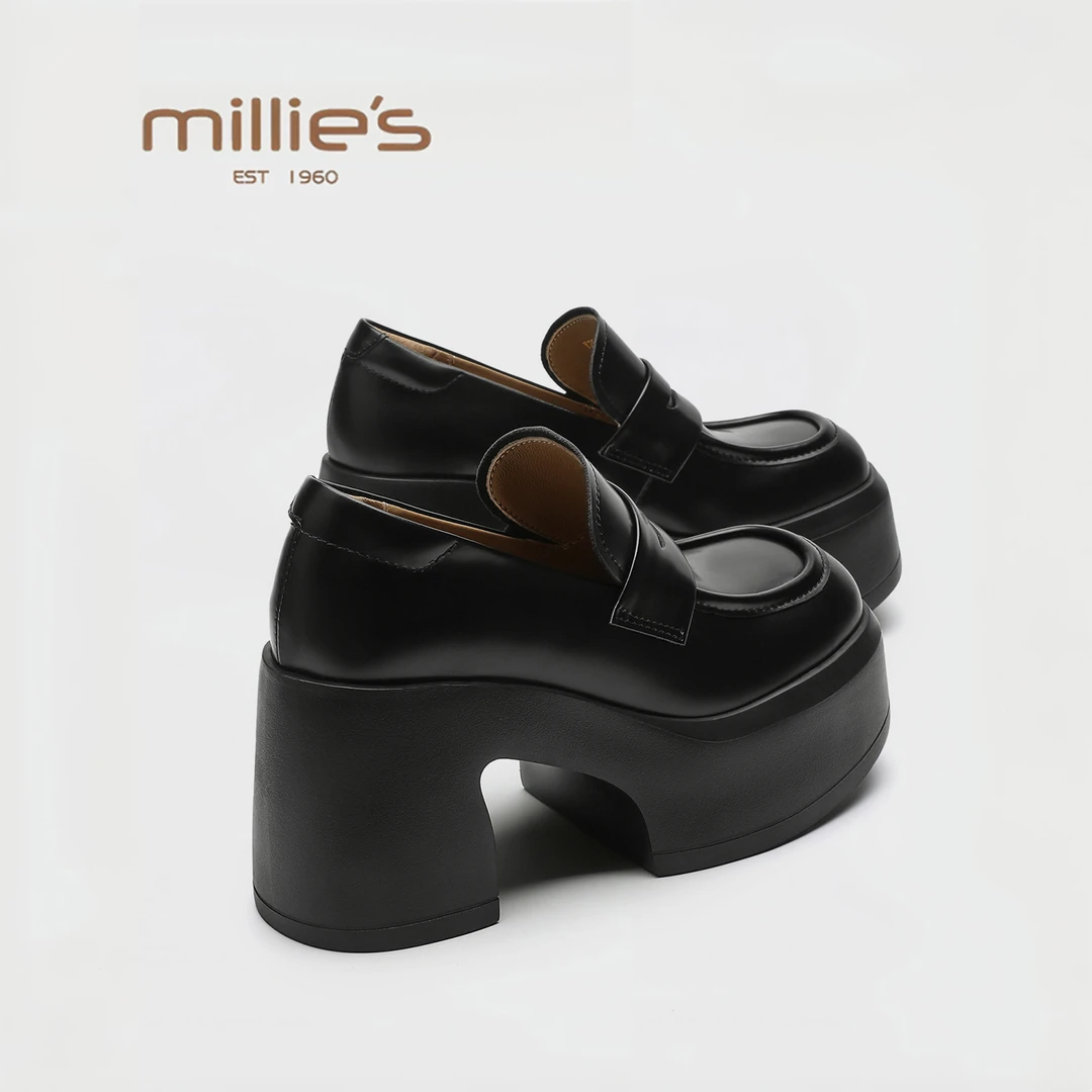 MILLIE'S/妙丽 2025新款秋季复古风厚底粗跟单鞋女款高跟鞋乐福鞋