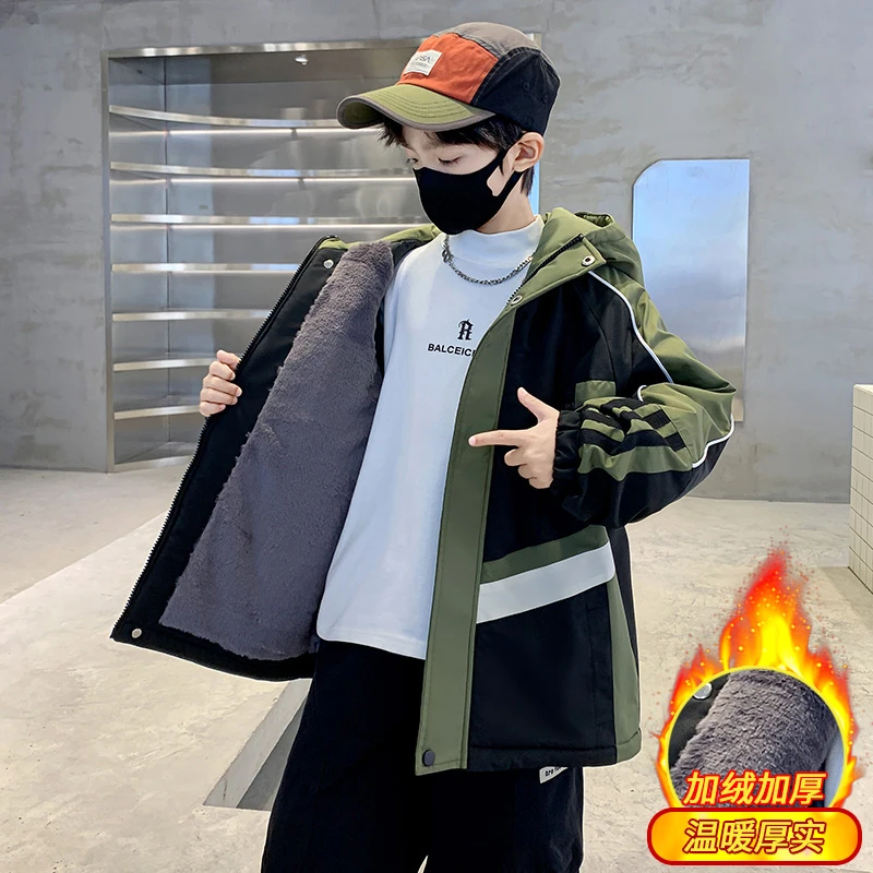 男童秋冬加绒外套儿童冬装加厚派克服洋气中大童男孩深秋款薄棉衣