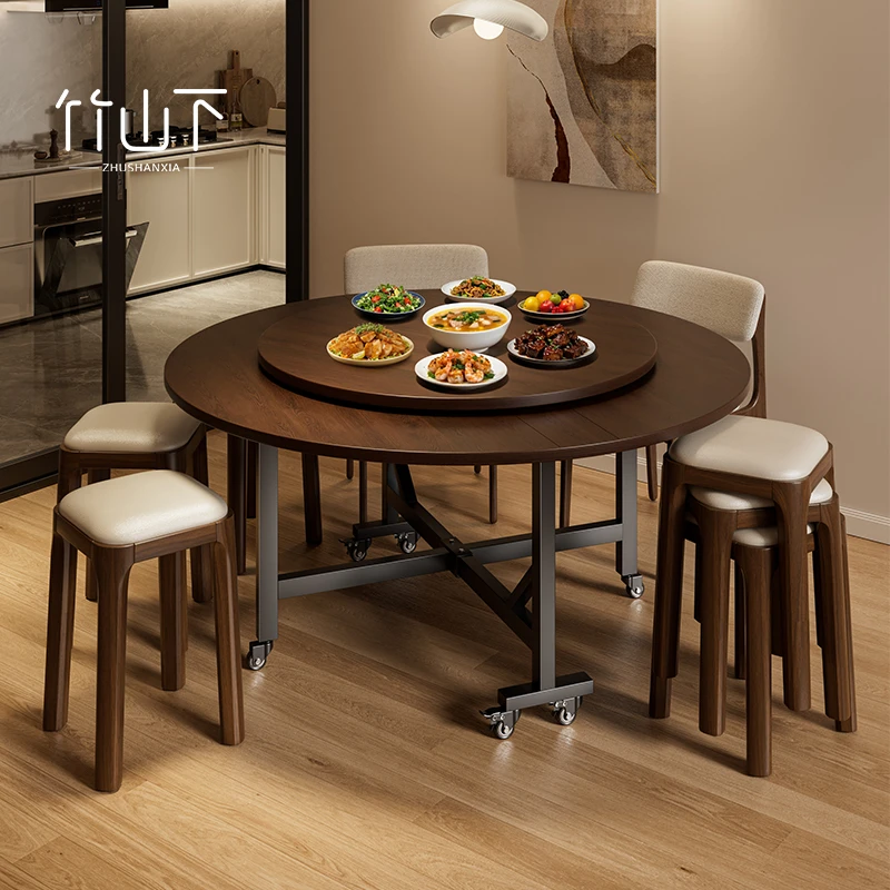 折叠桌子家用客厅餐厅圆形吃饭桌简约高级感可移动餐桌可折叠圆桌