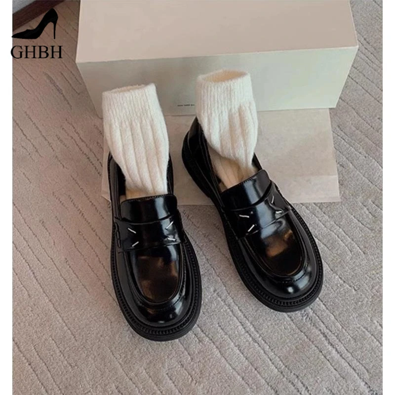 小众版~流行新款时髦英伦风圆头单鞋厚底增高乐福小皮鞋女春秋季