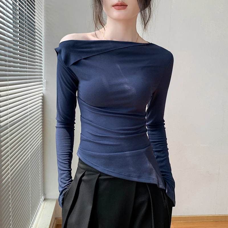 歌倍尚藏蓝色法式长袖T恤女2025春季新款洋气修身小香风露肩上衣