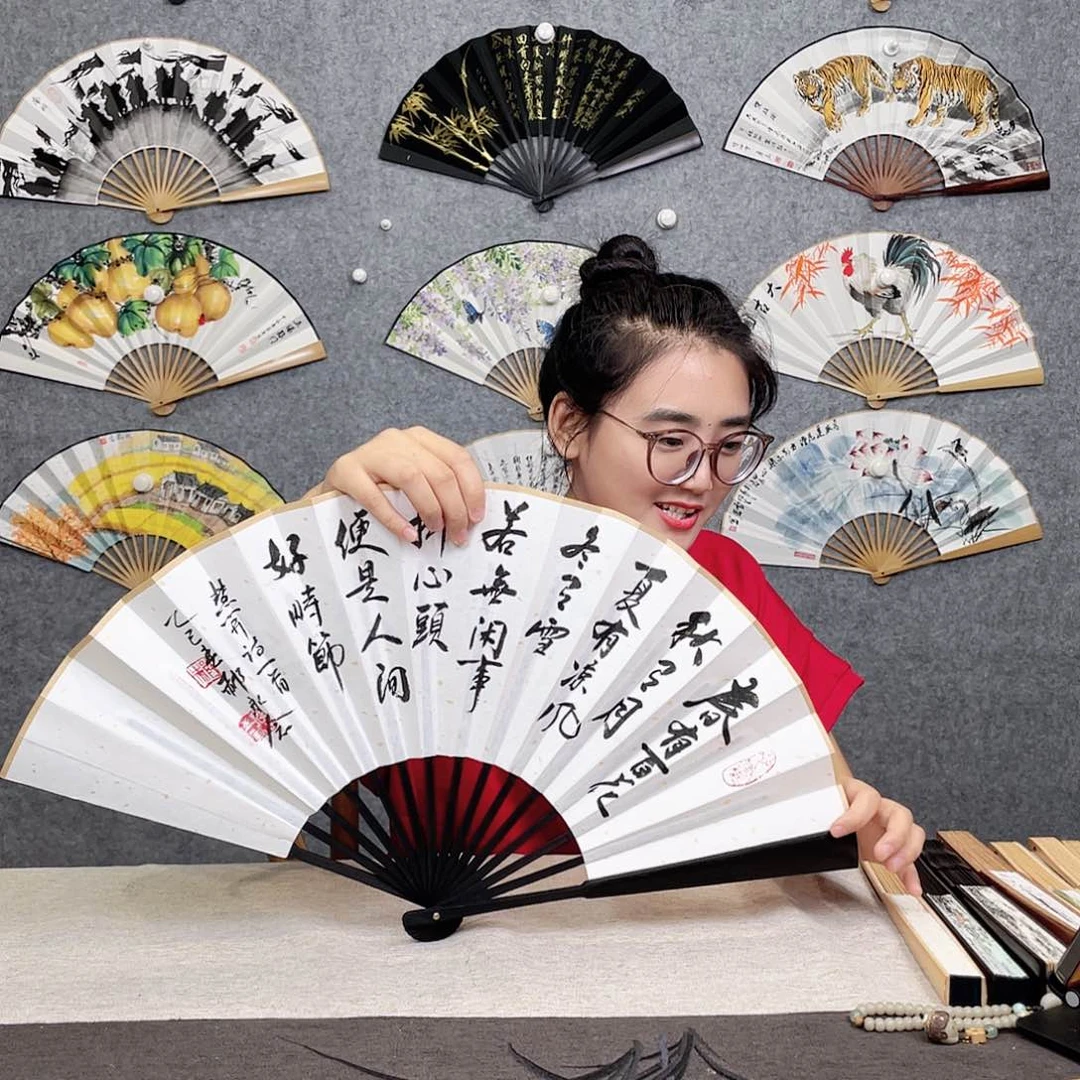 国画10寸-仿乌木福利折扇（默认粘好）春有百花